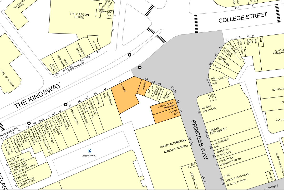 Pearl House located near the Kingsway, with surrounding vacant units indicated in orange